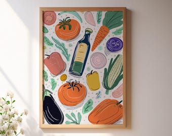 Minimalistisch Veggie Küche Kunstdruck, Buntes Essen (Digitaler Download)