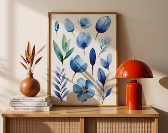 Blaue Blumen Aquarell Druck, Tulpe Wand Kunst (Digitaler Download)