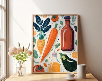 Minimalistisch Veggie Küche Kunstdruck, Buntes Essen Poster (Digitaler Download)