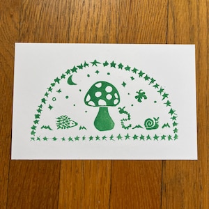 Mushroom, Fairy Garden Linocut Print | Greeting Card | Original Art