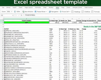 May include: A digital stock portfolio tracker Excel spreadsheet template featuring a table with columns for ticker symbols, 52-week highs and lows, beta, and price changes. The document displays a list of major company names and their stock data.