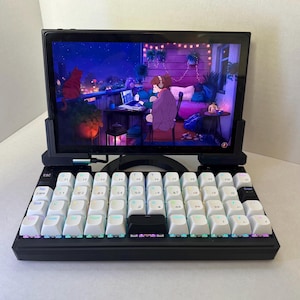 Puede incluir: Un teclado mecánico negro con teclas blancas y una pantalla que muestra una ilustración digital. La pantalla muestra a una persona sentada en un escritorio con una computadora portátil, un gato y un horizonte.