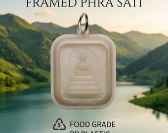 May include: A square, off-white, food-grade polypropylene plastic pendant featuring a moulded relief of a seated figure. The pendant has a metal jump ring at the top. Text reads: FRAMED PHRA SATI, 5 FOOD GRADE PP PLASTIC.