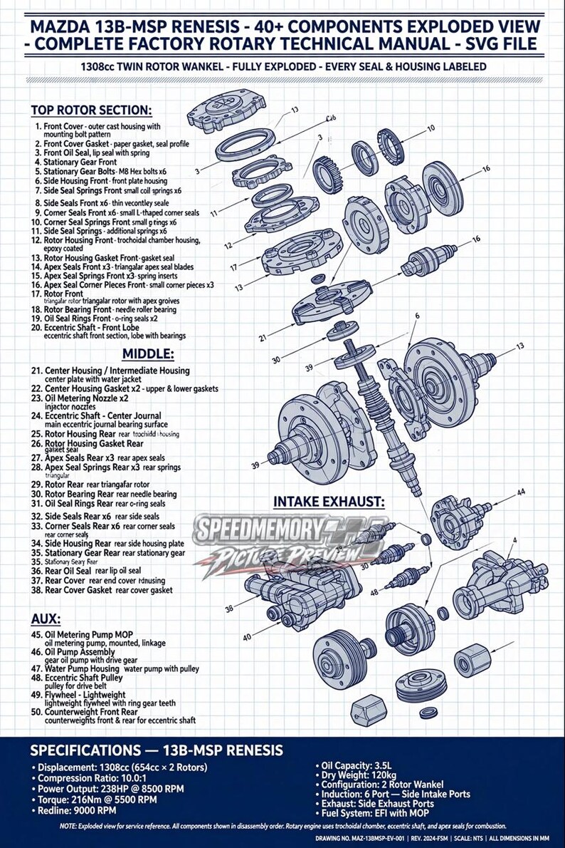 May include: A technical diagram of a Mazda 13B-MSP Renesis rotary engine showing an exploded view of over 40 components. The document includes detailed lists of parts for the top rotor, middle, intake, exhaust, and auxiliary sections with specifications.