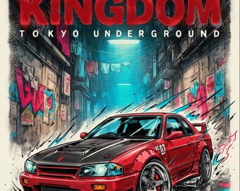 May include: A poster featuring a red sports car with a black bonnet and the text DRIFT KINGDOM TOKYO UNDERGROUND. The car is parked in a narrow alleyway with graffiti on the walls. The image includes the text SPEEDMEMORY PICTURE PREVIEW and EST. 1992.
