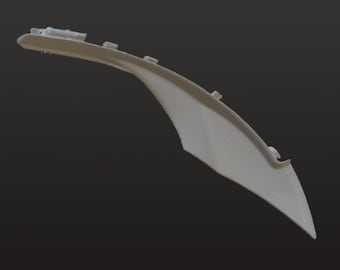 May include: A light-coloured, curved automotive cowl side air guide component for a Mitsubishi Lancer EX or Evo X. The object features a sleek, elongated design with small mounting tabs along the top edge. Text reads: STL FILE ONLY MITSUBISHI LANCER EX / EVO X COWL SIDE AIR GUIDE - 3D PRINT FILE - DIGITAL DOWNLOAD.