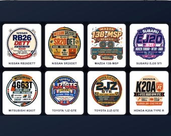 May include: A collection of eight square badges featuring JDM engine specifications including Nissan RB26DETT, SR20DET, Mazda 13B-MSP, Subaru EJ20 STI, Mitsubishi 4G63T, Toyota 1JZ-GTE, 2JZ-GTE, and Honda K20A Type R, labelled Legendary JDM Engine Spec Badge Collection.