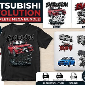 May include: A black t-shirt featuring a red Mitsubishi Evolution car graphic with cartoon eyes and a tongue, surrounded by debris. The bundle includes ten unique car designs labeled EVO 7, EVO 8, EVO 6, and EVO 3 in various colors and styles.