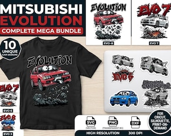 May include: A black t-shirt featuring a red Mitsubishi Evolution car graphic with cartoon eyes and a tongue, surrounded by debris. The bundle includes ten unique car designs labelled EVO 7, EVO 8, EVO 6, and EVO 3 in various colours and styles.