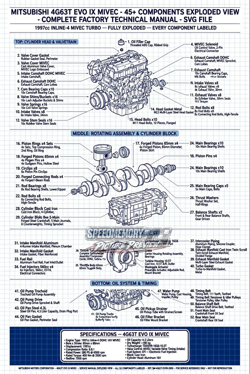 May include: A technical exploded view diagram of a Mitsubishi 4G63T EVO IX MIVEC engine, featuring 52 labeled components across three sections: cylinder head, rotating assembly, and oil system, with a detailed specifications table at the bottom.