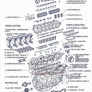 May include: A technical exploded view diagram of a Toyota 2JZ-GTE engine, featuring labeled components from the top section, middle section, and bottom section, including pistons, crankshaft, and turbo assemblies with detailed specifications.