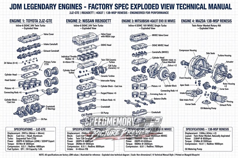 May include: A technical manual print titled JDM LEGENDARY ENGINES featuring exploded views of the Toyota 2JZ-GTE, Nissan RB26DETT, Mitsubishi 4G63T, and Mazda 13B-MSP Renesis engines with labeled components and factory specifications on a grid background.