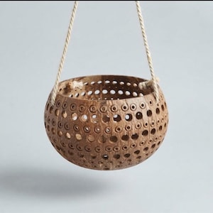 May include: A brown, spherical coconut shell hanging planter featuring a repeating pattern of circular cutouts of varying sizes. The bowl is suspended by two thick, light-colored twisted jute ropes attached to the sides of the shell.