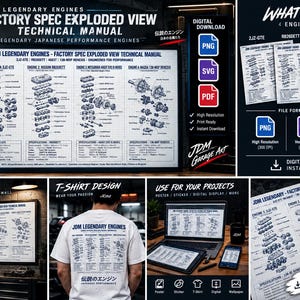 May include: A digital download set featuring four JDM legendary engine exploded view technical manuals. The designs include the Toyota 2JZ-GTE, Nissan RB26DETT, Mitsubishi 4G63T, and Mazda 13B-MSP Renesis engines in PNG, SVG, and PDF file formats.