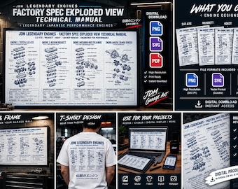 May include: A digital download set featuring four JDM legendary engine exploded view technical manuals. The designs include the Toyota 2JZ-GTE, Nissan RB26DETT, Mitsubishi 4G63T, and Mazda 13B-MSP Renesis engines in PNG, SVG, and PDF file formats.