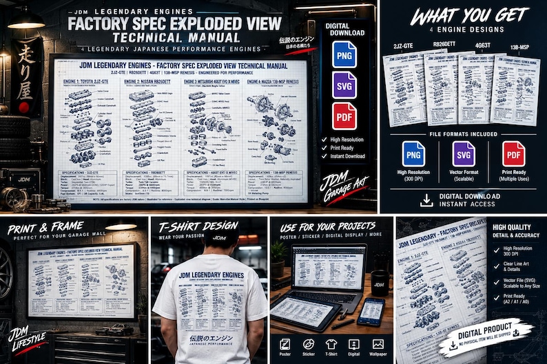 May include: A digital download set featuring four JDM legendary engine exploded view technical manuals. The designs include the Toyota 2JZ-GTE, Nissan RB26DETT, Mitsubishi 4G63T, and Mazda 13B-MSP Renesis engines in PNG, SVG, and PDF file formats.
