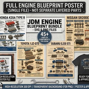 May include: A digital collection of JDM engine blueprint posters featuring Honda K20A Type R, Nissan SR20DET, Toyota 1JZ-GTE, and Subaru EJ20 STI diagrams with labeled components, plus a black t-shirt displaying a Subaru engine graphic.