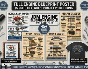 May include: A digital collection of JDM engine blueprint posters featuring Honda K20A Type R, Nissan SR20DET, Toyota 1JZ-GTE, and Subaru EJ20 STI diagrams with labelled components, plus a black t-shirt displaying a Subaru engine graphic.