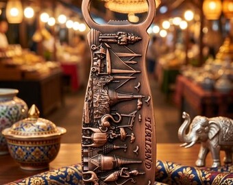 May include: A copper-toned metal bottle opener featuring embossed relief designs of Thai landmarks, including temples and an elephant, with the word THAILAND vertically inscribed on the side. The opener has a rounded top handle.