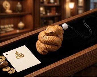 May include: A light brown wooden pendant carved into the shape of a coiled snake with detailed scales. The pendant is attached to a black cord with a single white bead. Next to it lies a white card featuring a gold snake illustration and three coins.