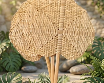 May include: Three hand-held fans made of light tan woven bamboo strips. Each fan features a flat, rounded, octagonal shape with a tight, uniform grid pattern and a sturdy, straight handle extending from the base of the woven fan head.