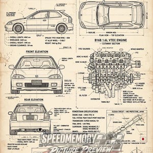 以下が含まれることがあります： 1997年式ホンダ・シビック・タイプR EK9の技術図面ポスター。側面、上面、正面、背面の図、B16B型1.6L VTECエンジンの断面図、パワートレインの仕様、鈴鹿サーキットの地図がヴィンテージ風の紙の背景に描かれています。