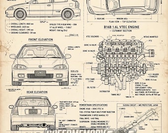 May include: A technical blueprint poster of the 1997 Honda Civic Type R EK9, featuring side, top, front, and rear elevations, a B16B 1.6L VTEC engine cutaway, powertrain specifications, and a map of the Suzuka Circuit on a vintage paper background.