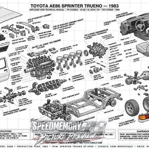 以下が含まれることがあります： 1983年式トヨタAE86スプリンタートレノの分解図技術マニュアルポスター。エンジン、シャシー、サスペンション、インテリア、ボディパーツの詳細なグレースケールのイラストが、ラベルと技術仕様とともに描かれています。