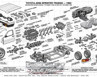 May include: An exploded view technical manual poster for the 1983 Toyota AE86 Sprinter Trueno. The diagram displays detailed greyscale illustrations of the engine, chassis, suspension, interior, and body components with labels and technical specifications.