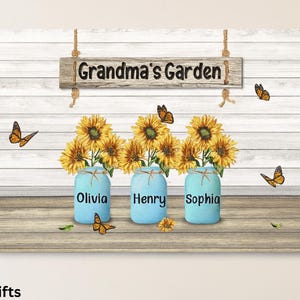 Personalized Grandma&#39;s Garden Canvas Prints, Custom Names Kids Sunflower Jar Wall Art, Mother&#39;s Day Gift For Mom Grandmother, Grandma&#39;s Gift