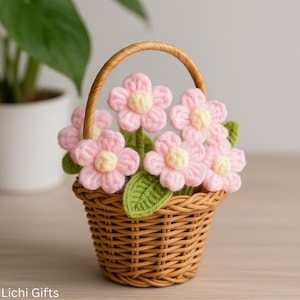 Handmade Crochet Flowers in Basket, Gift for Lover,Home Decoration,Desk Decoration, Present for Teacher, Mom, Friend, Thanksgiving,Christmas
