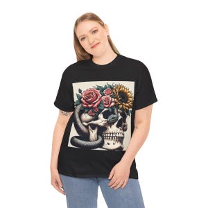 BOHO Style Skull Blooming Flowers, Powerful Serpent Unisex Tee, Gothic T-Shirt, Alternative Clothing, Edgy Shirt, Vintage Graphic Top,