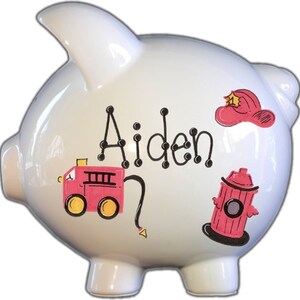 Piggy Bank Personalized with Fire truck Design, Boy Bank ,Boy Gift, Ceramic Piggy Bank, Custom Piggy Bank ,Gift for him, Baby Gift for Boy
