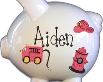 Piggy Bank Personalized with Fire truck Design, Boy Bank ,Boy Gift, Ceramic Piggy Bank, Custom Piggy Bank ,Gift for him, Baby Gift for Boy