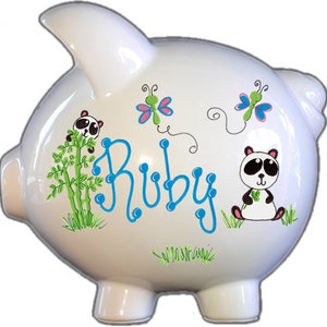 Personalized Piggy Bank with Panda Bear Design | Large |  White |Blue| Baby Gift |