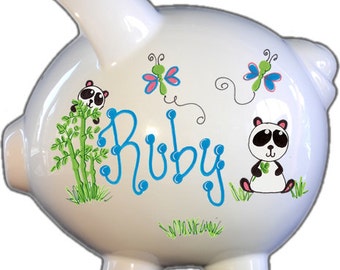 Personalized Piggy Bank with Panda Bear Design | Large |  White |Blue| Baby Gift |