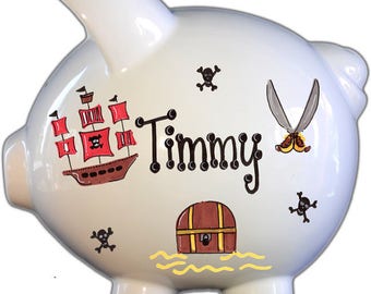 Boy's personalized piggy bank, Pirate theme, red, black and brown, perfect for a nursery or bedroom decor, cartoon style