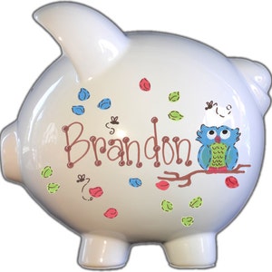 Large piggy bank boy, blue owl design, perfect for  a baby shower gift and birthday gift
