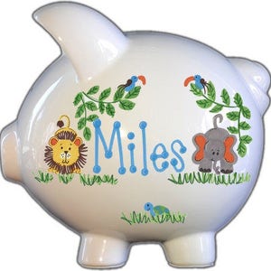 Piggy bank for boy, hand painted gift for birthday, Christmas, and baby shower, large piggy bank