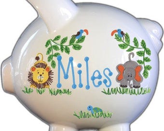 Piggy bank for boy, hand painted gift for birthday, Christmas, and baby shower, large piggy bank