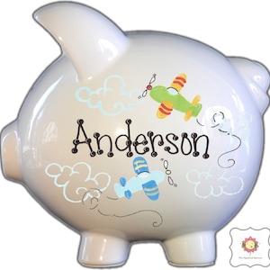 Personalized Piggy Bank with Airplane Design | White | Blue and green | Large | Birthday Gift |