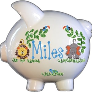 Personalized Piggy Bank with Zoo Animal Design | White | Lion and Elephant| Large | Baby Gift | Piggy Bank Boy