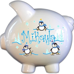 Personalized Piggy Bank with Penguins, White and Blue ,Large piggy bank, Baby Shower Gift and birthday gift