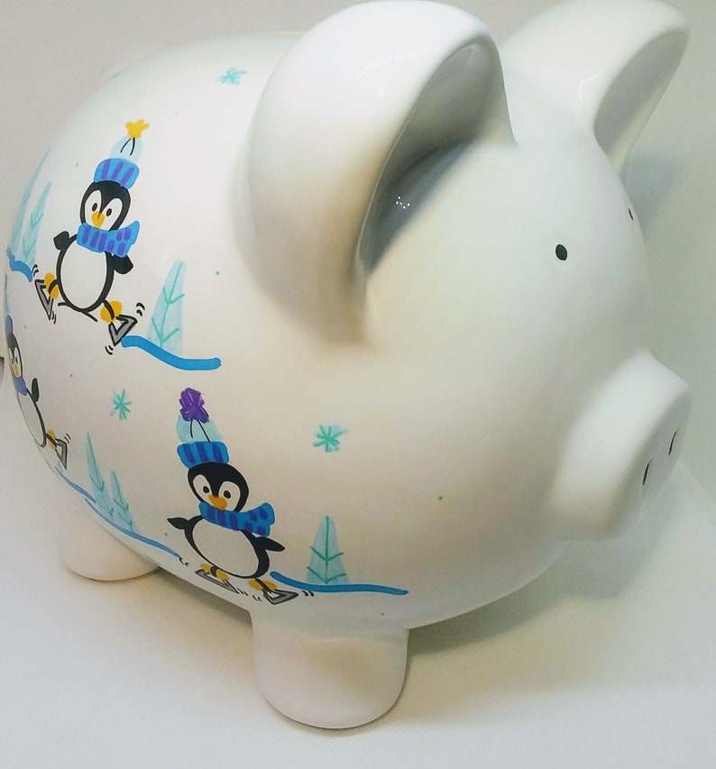 Personalized Piggy Bank With Penguins White and Blue large Etsy