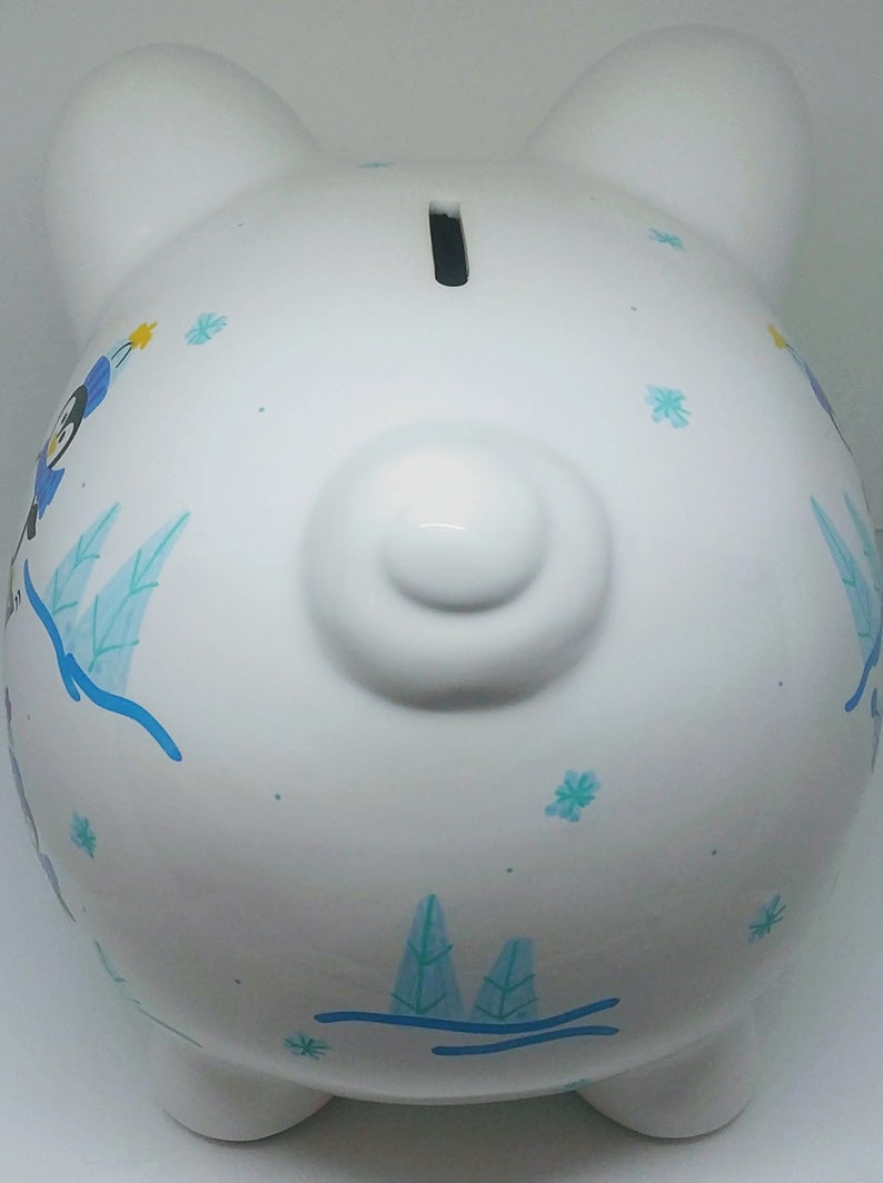 Personalized Piggy Bank With Penguins White and Blue large Etsy