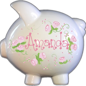 Girl&#39;s Piggy Bank Handpainted  Bank Ceramic  Bank Custom bank for her Baby Nursery piggy bank Shower Gift