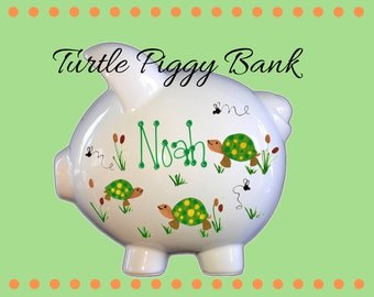 Boy's personalized piggy bank with green turtles and swamp