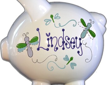 Piggy Bank for Girl Personalized with Dragonflies in purple, baby blue, and green, Perfect for Baby Shower Gift, Birthday Gift