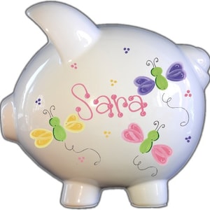 Piggy Bank for Girl with Butterflies, Baby Shower Gift for Girls, Large Piggy Bank with Butterflies in Pink, Yellow, and Lavender