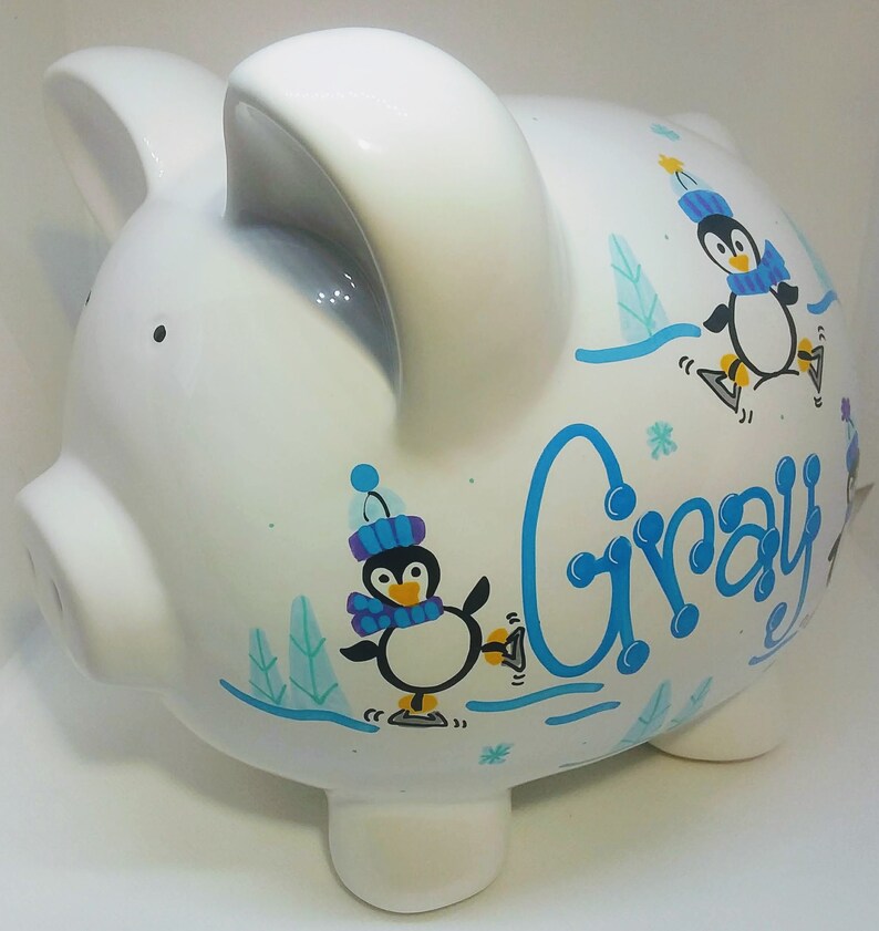 Personalized Piggy Bank With Penguins White and Blue large Etsy